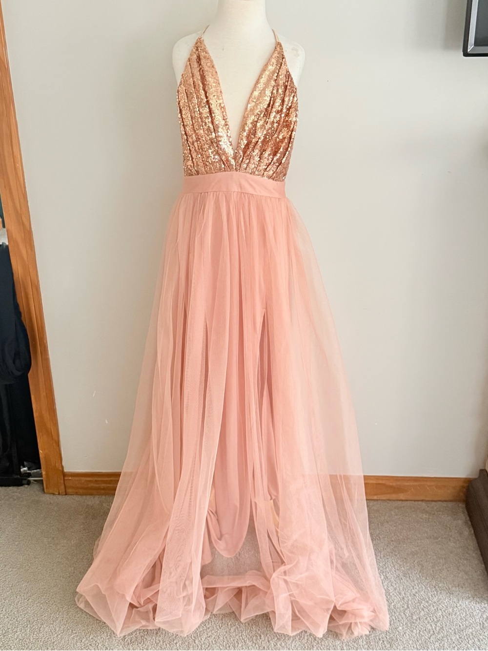 Luxxel Rose Gold Sequin Backless Gown